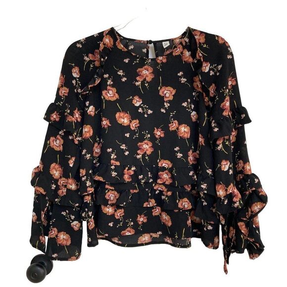 BP. Nordstrom Floral Print Tiered Ruffle Oversized Blouse XXS 00 Black Boho - Picture 4 of 7